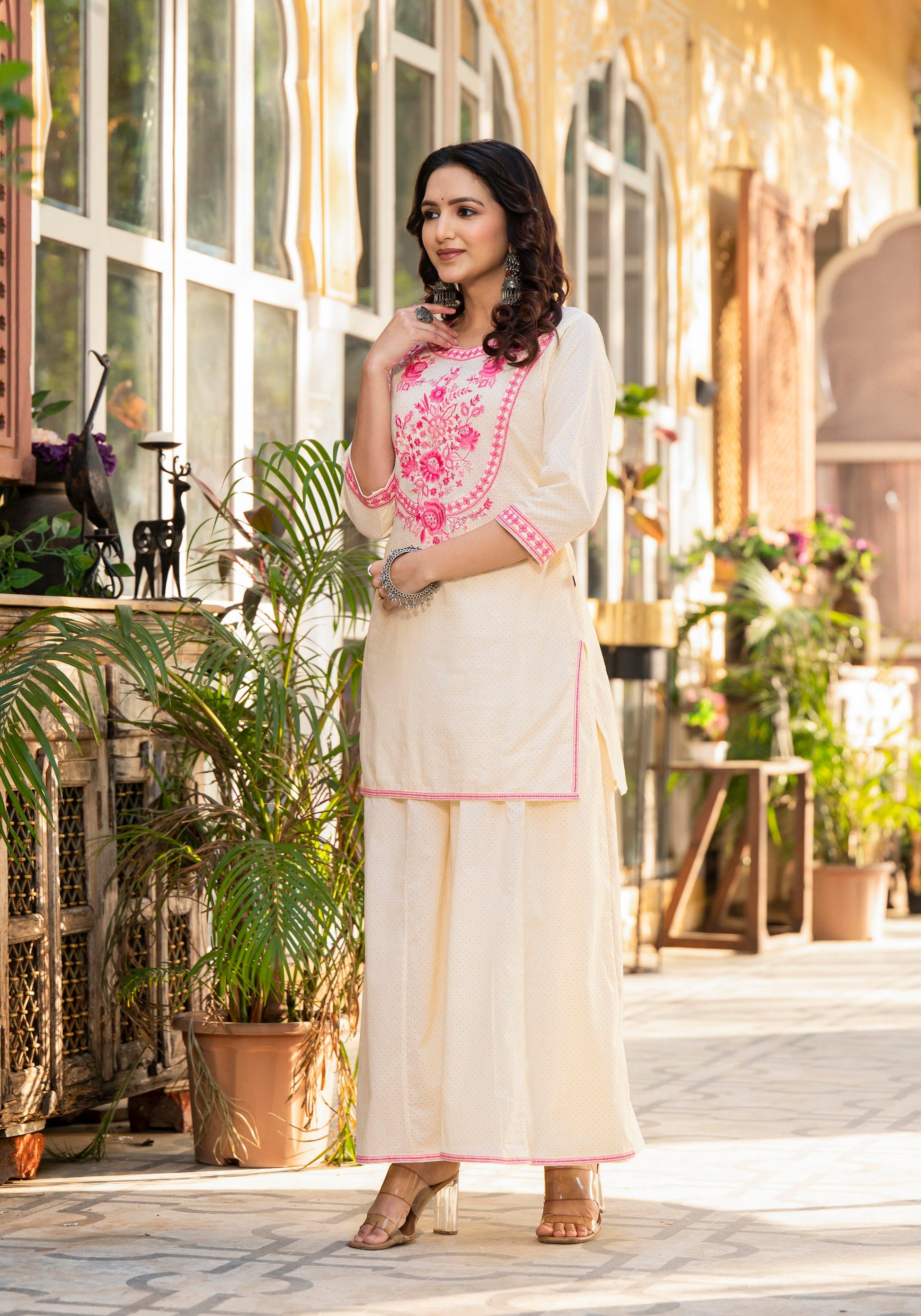 Juniper Ivory Ethnic Motif Printed Cotton Kurta Palazzo And Dupatta Set With Thread & Mirror Work - Distacart