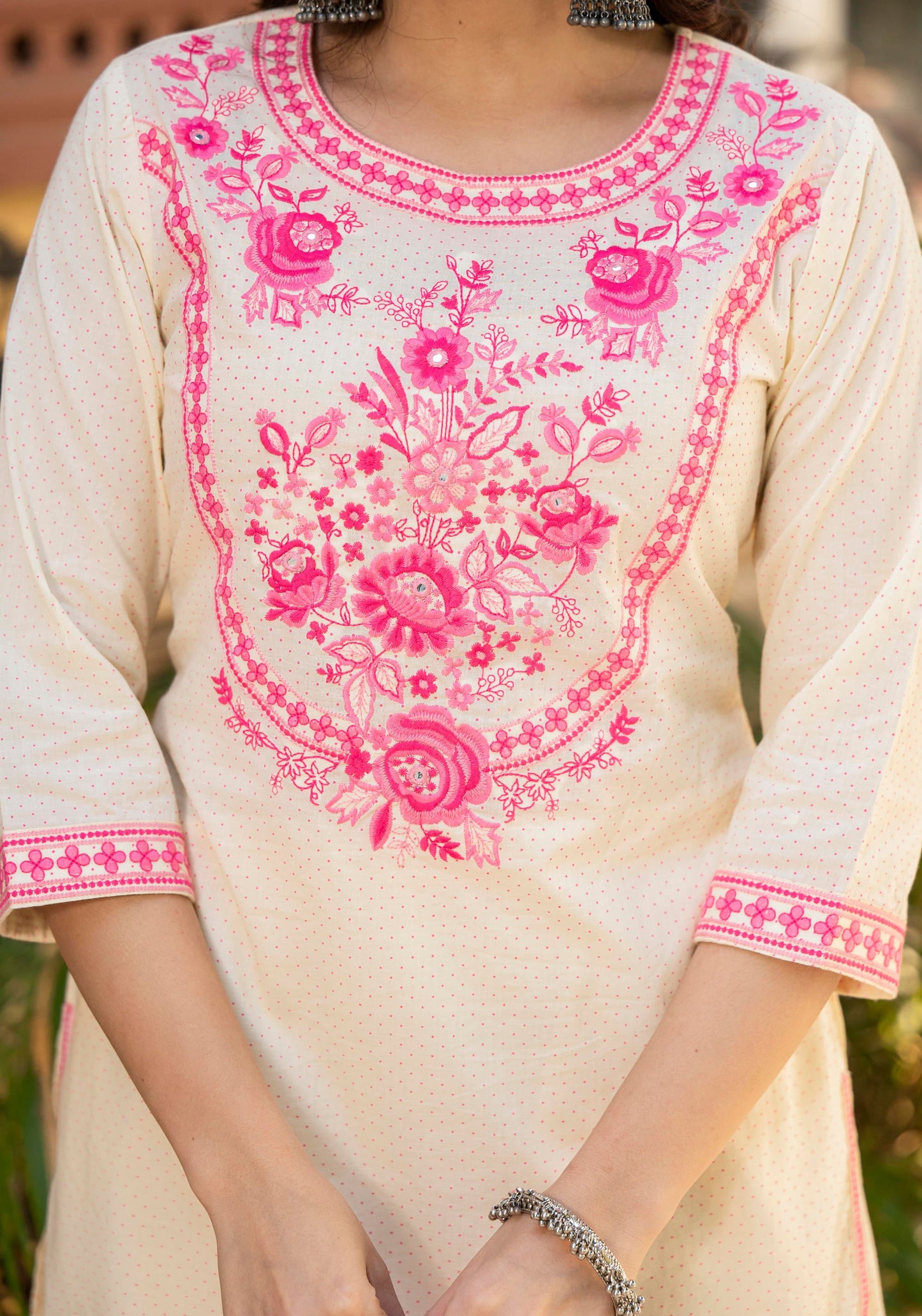 Juniper Ivory Ethnic Motif Printed Cotton Kurta Palazzo And Dupatta Set With Thread & Mirror Work - Distacart