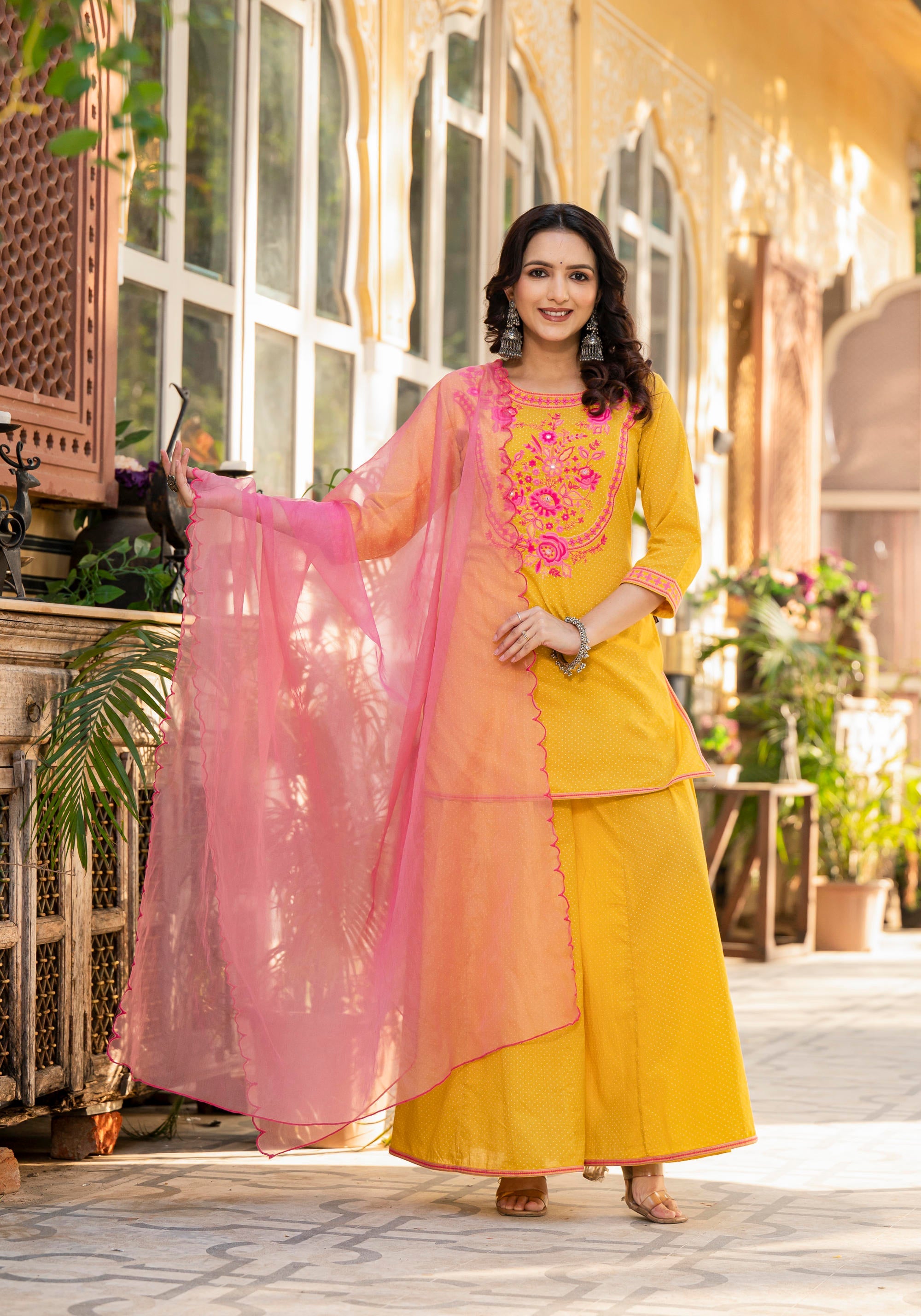 Juniper Mustard Ethnic Motif Printed Cotton Kurta Palazzo And Dupatta Set With Thread & Mirror Work - Distacart