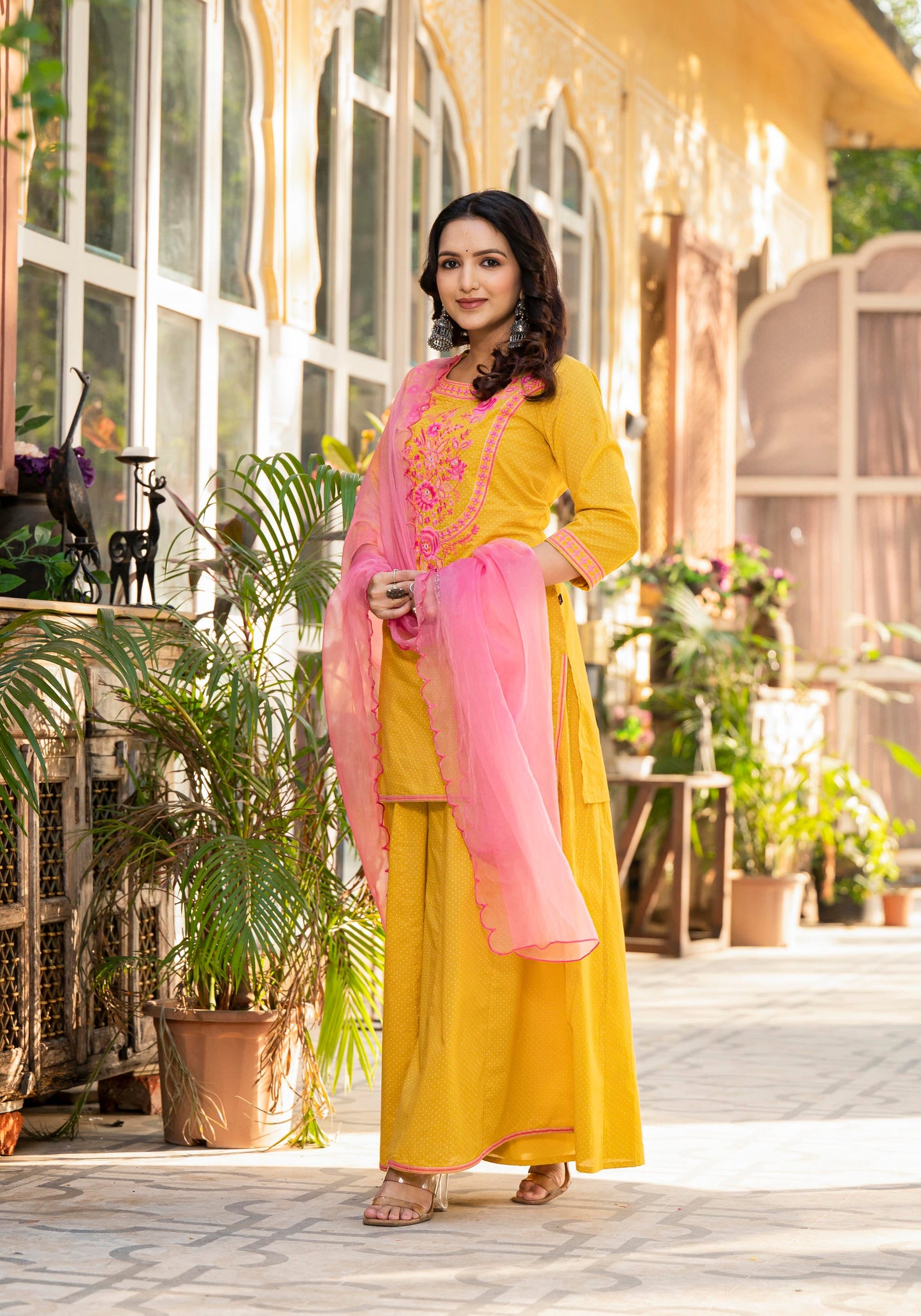 Juniper Mustard Ethnic Motif Printed Cotton Kurta Palazzo And Dupatta Set With Thread & Mirror Work - Distacart