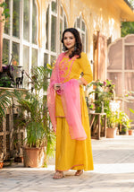 Thumbnail for Juniper Mustard Ethnic Motif Printed Cotton Kurta Palazzo And Dupatta Set With Thread & Mirror Work - Distacart