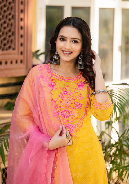Juniper Mustard Ethnic Motif Printed Cotton Kurta Palazzo And Dupatta Set With Thread & Mirror Work - Distacart