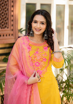 Thumbnail for Juniper Mustard Ethnic Motif Printed Cotton Kurta Palazzo And Dupatta Set With Thread & Mirror Work - Distacart