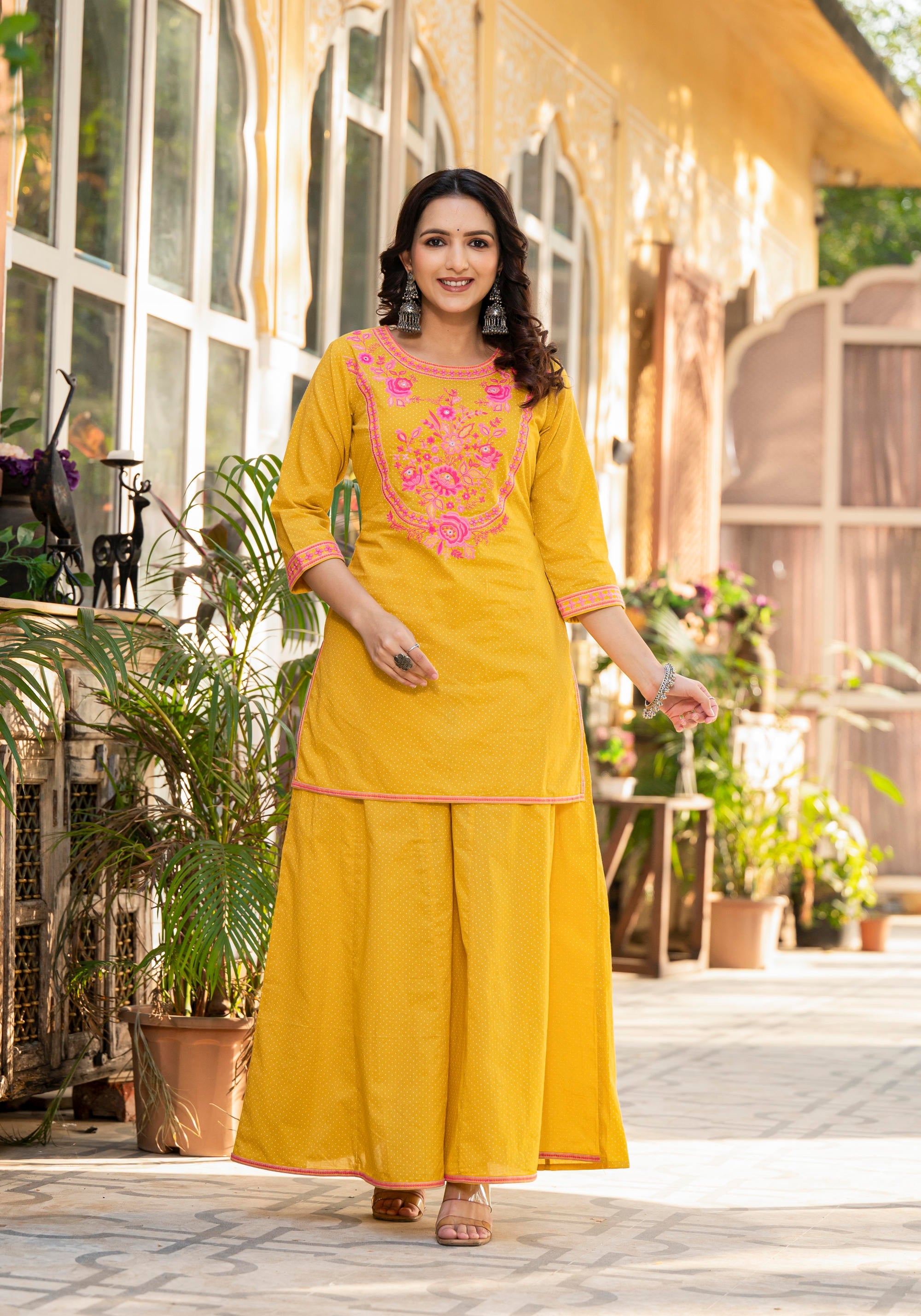 Juniper Mustard Ethnic Motif Printed Cotton Kurta Palazzo And Dupatta Set With Thread & Mirror Work - Distacart