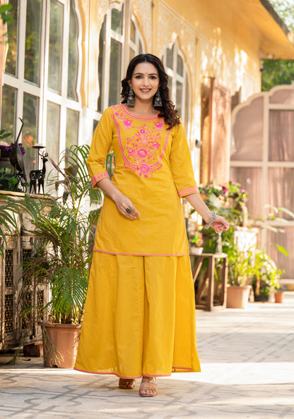 Juniper Mustard Ethnic Motif Printed Cotton Kurta Palazzo And Dupatta Set With Thread & Mirror Work - Distacart