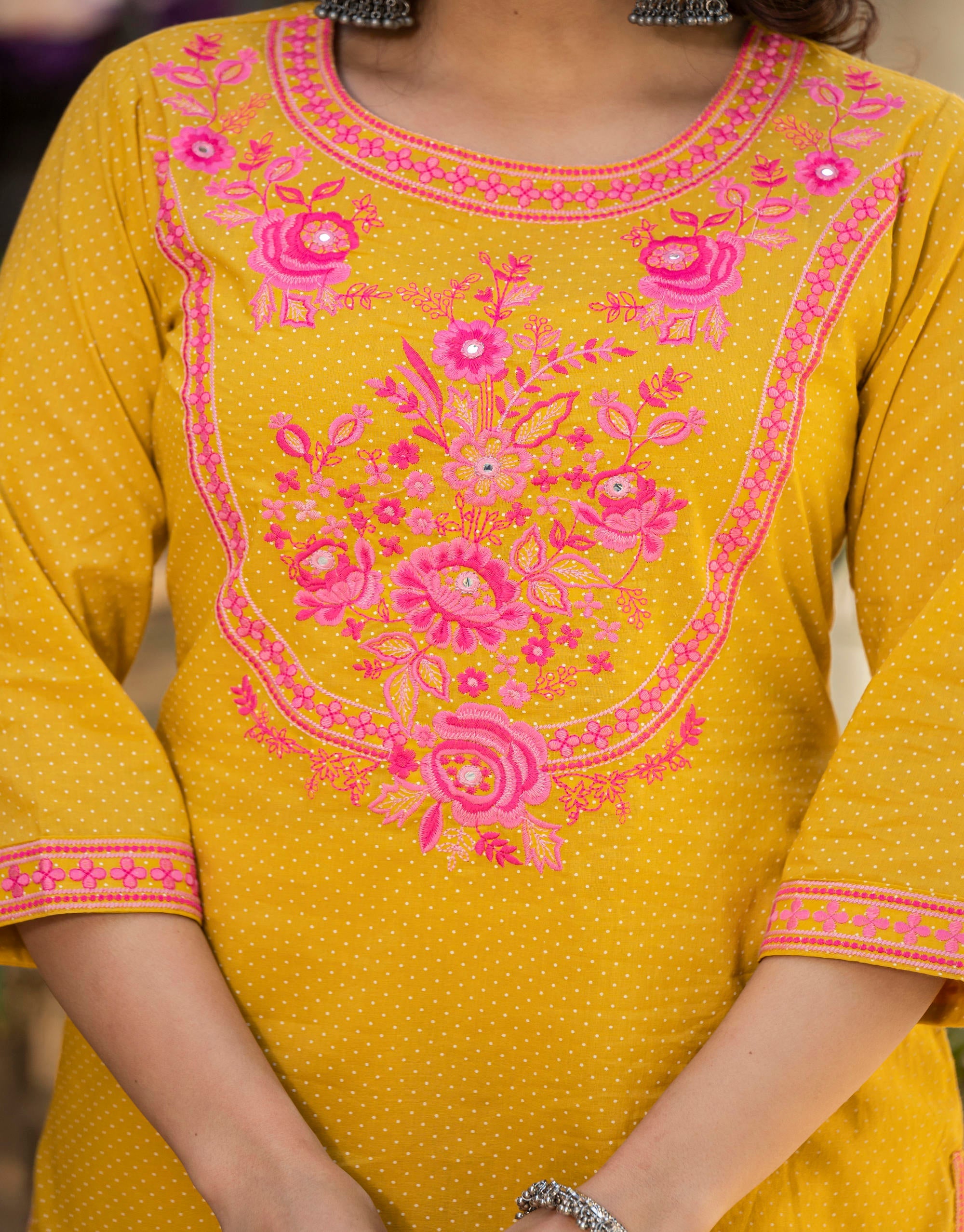 Juniper Mustard Ethnic Motif Printed Cotton Kurta Palazzo And Dupatta Set With Thread & Mirror Work - Distacart