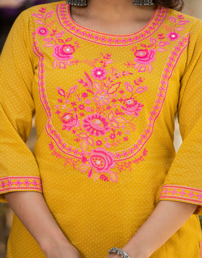 Juniper Mustard Ethnic Motif Printed Cotton Kurta Palazzo And Dupatta Set With Thread & Mirror Work - Distacart