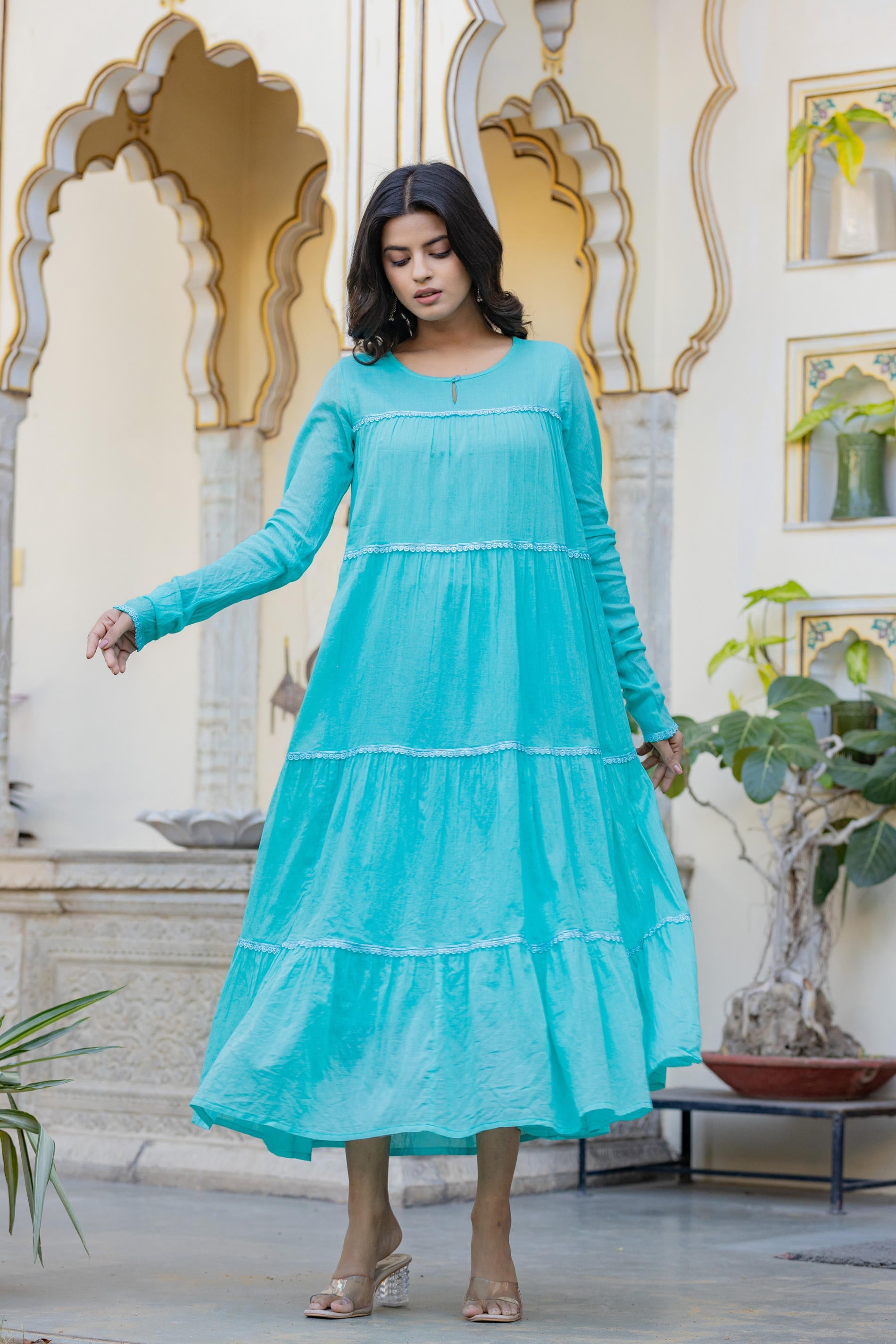 Juniper Blue Solid Cotton Long Dress With Lace