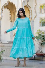 Thumbnail for Juniper Blue Solid Cotton Long Dress With Lace