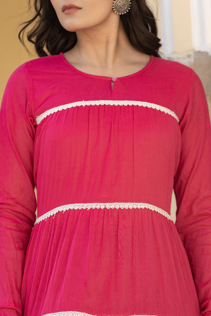 Juniper Fuchsia Tiered Ethnic Maxi Dress with Lace Inserts - Distacart