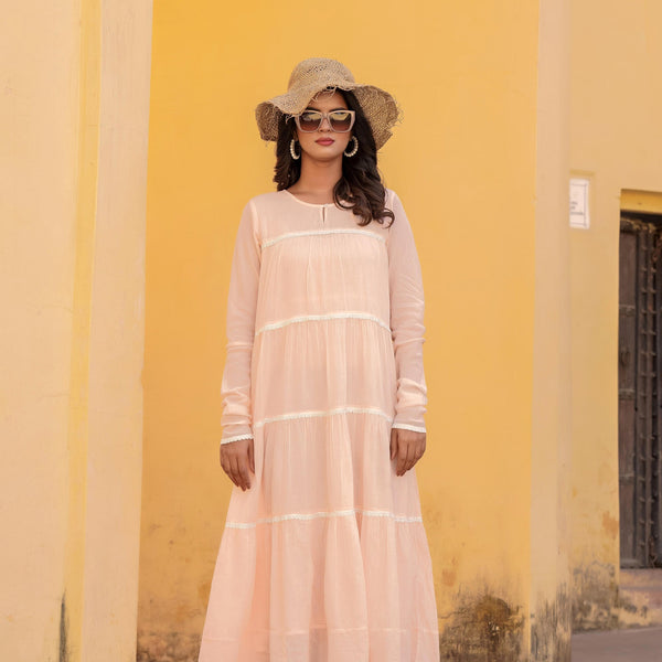 Juniper Peach Tiered Ethnic Maxi Dress with Lace Inserts