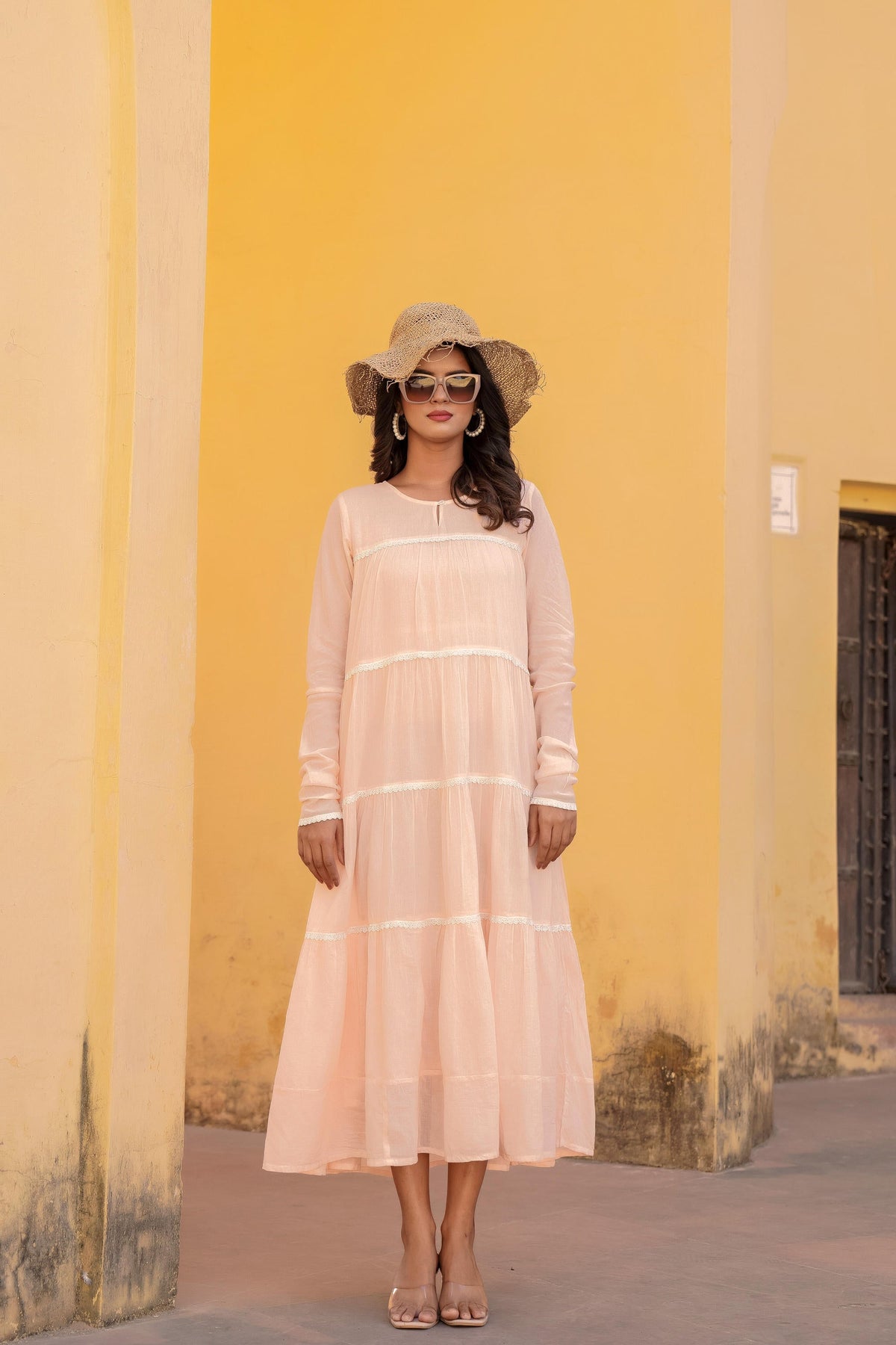 Juniper Peach Tiered Ethnic Maxi Dress with Lace Inserts