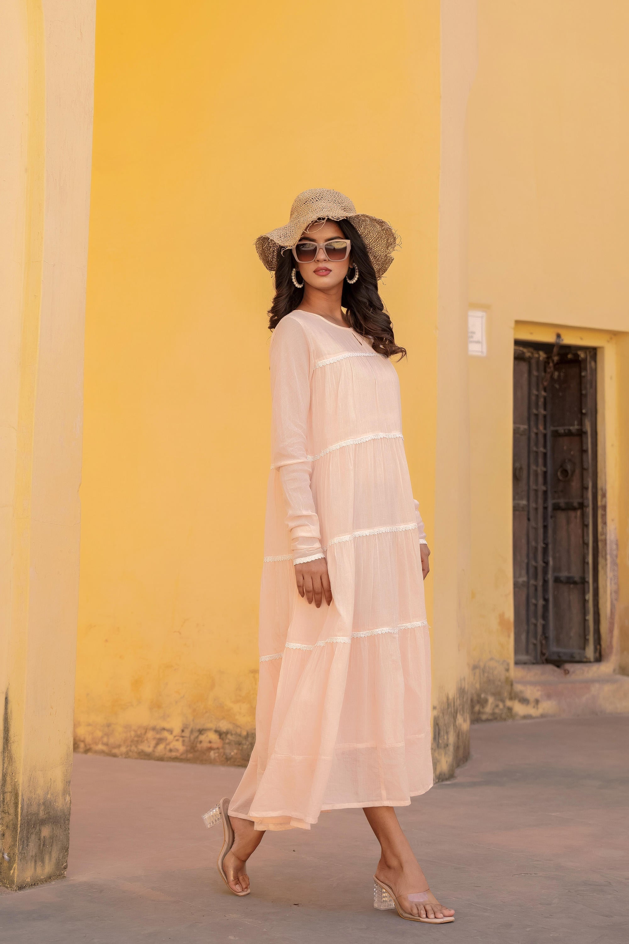 Juniper Peach Tiered Ethnic Maxi Dress with Lace Inserts