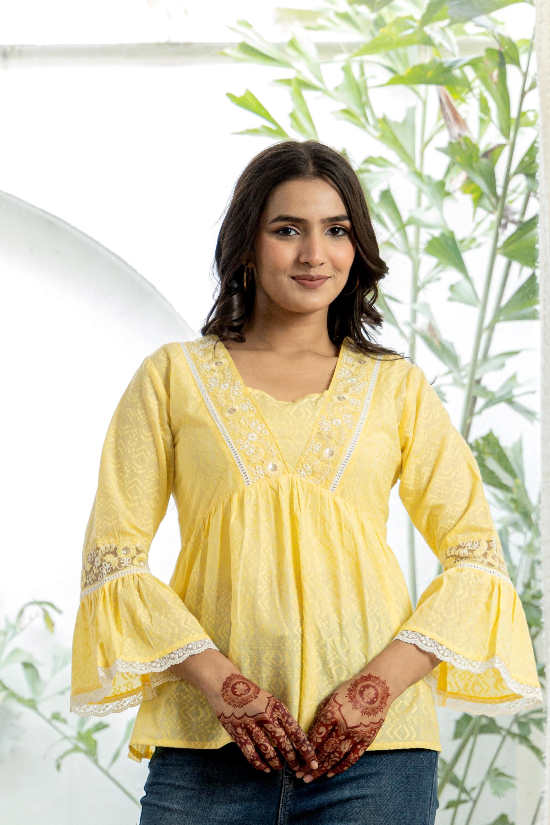 Juniper Lime Yellow Ethnic Peplum Top with Lace & Sequin Embroidery - Distacart