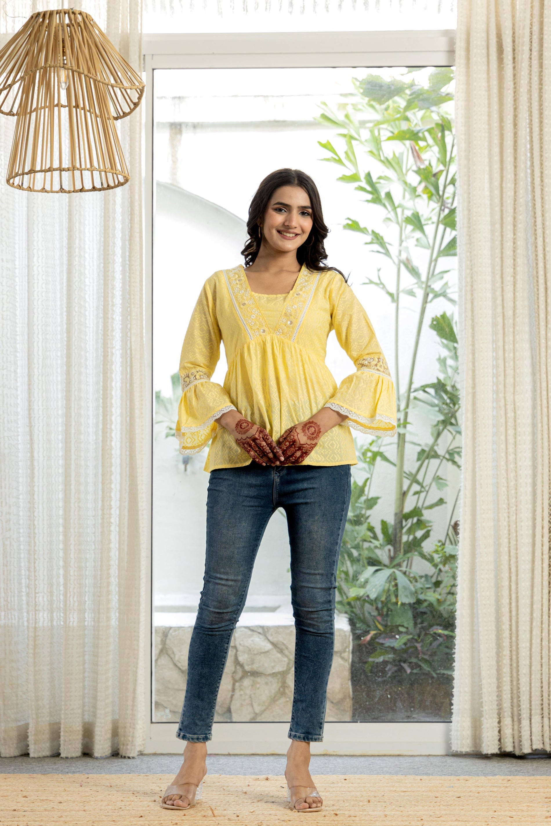 Juniper Lime Yellow Ethnic Peplum Top with Lace & Sequin Embroidery - Distacart