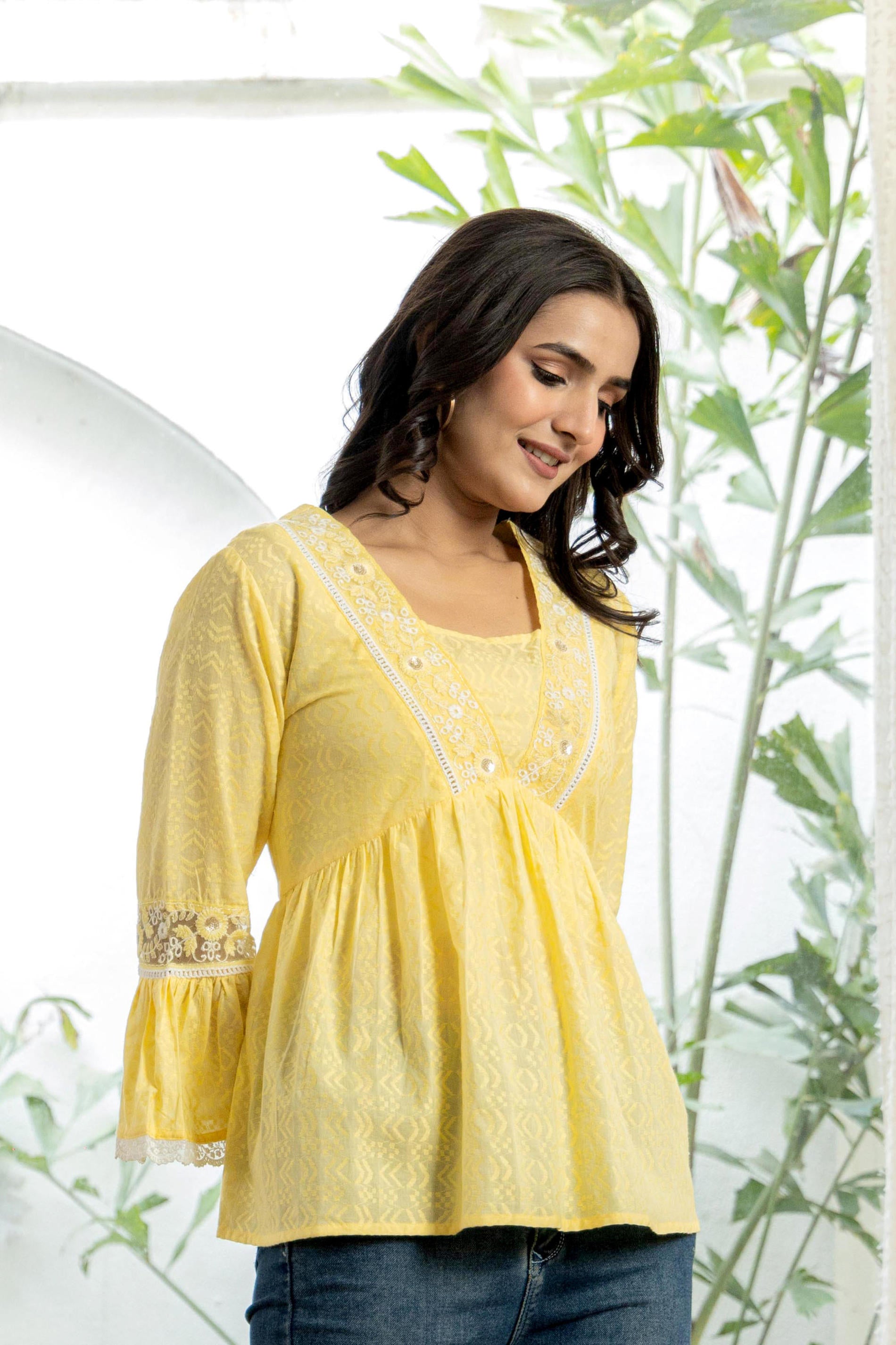 Juniper Lime Yellow Ethnic Peplum Top With Lace & Sequin Embroidery - Distacart
