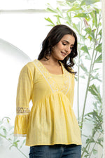 Thumbnail for Juniper Lime Yellow Ethnic Peplum Top With Lace & Sequin Embroidery - Distacart