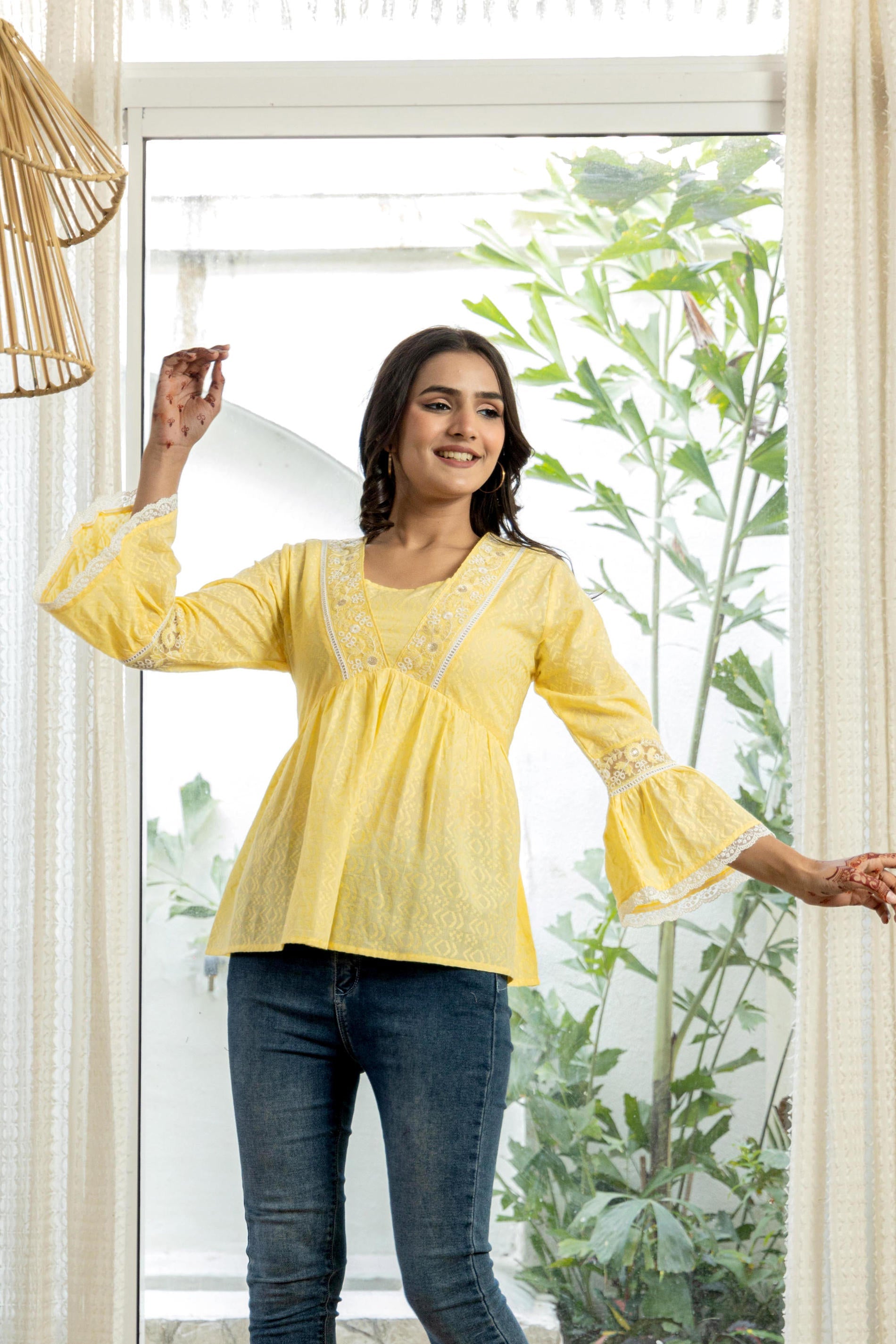 Juniper Lime Yellow Ethnic Peplum Top With Lace & Sequin Embroidery - Distacart