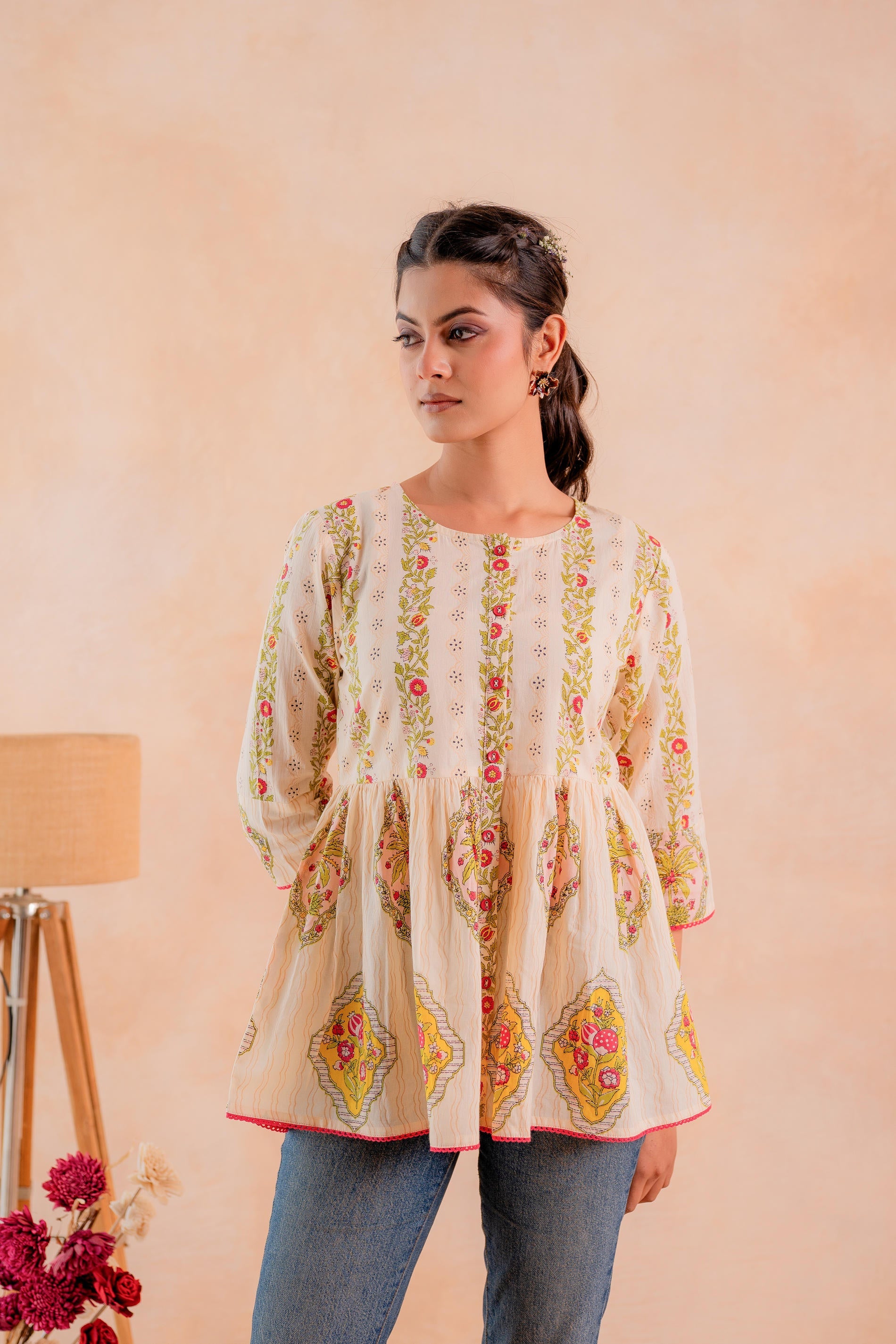 Juniper Beige Printed Flared Ethnic Tunic with Button Placket - Distacart