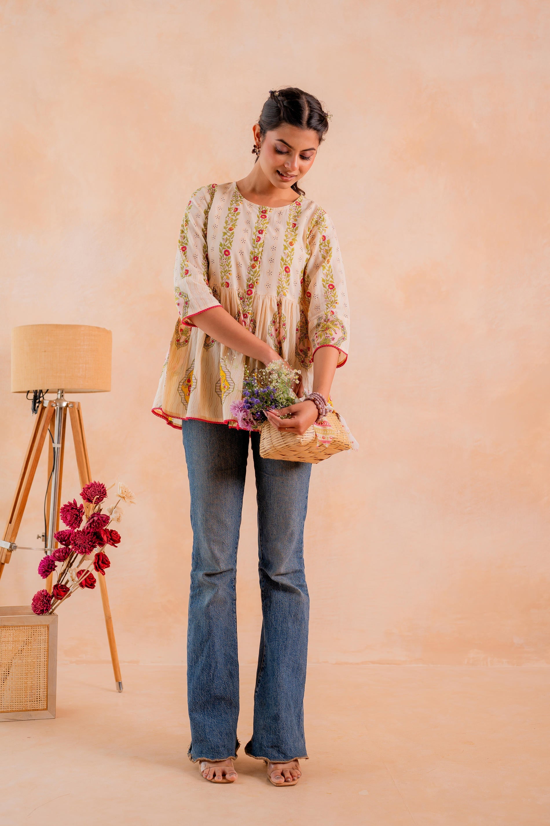 Juniper Beige Printed Flared Ethnic Tunic with Button Placket - Distacart