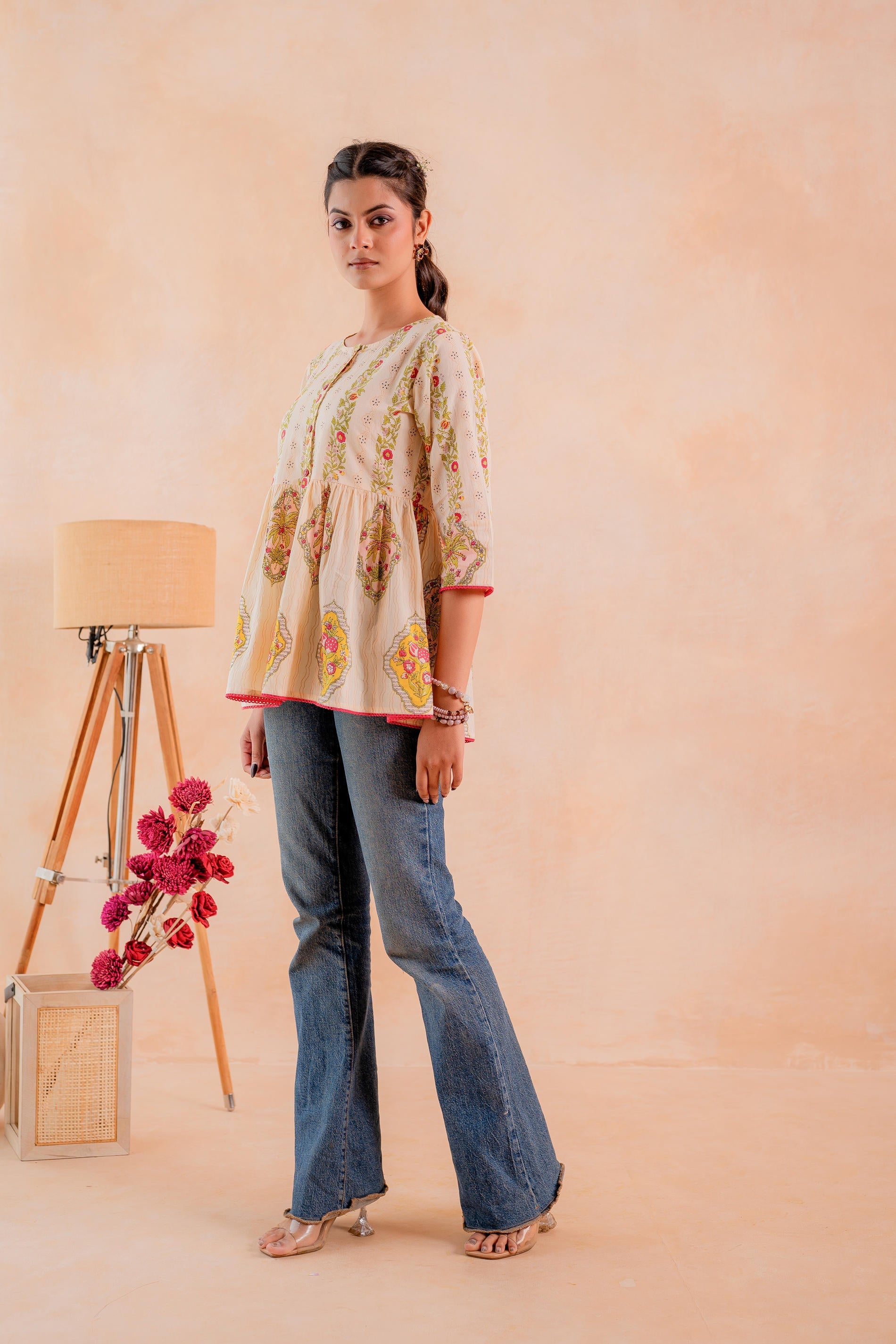 Juniper Beige Printed Flared Ethnic Tunic with Button Placket - Distacart