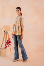 Thumbnail for Juniper Beige Printed Flared Ethnic Tunic with Button Placket - Distacart