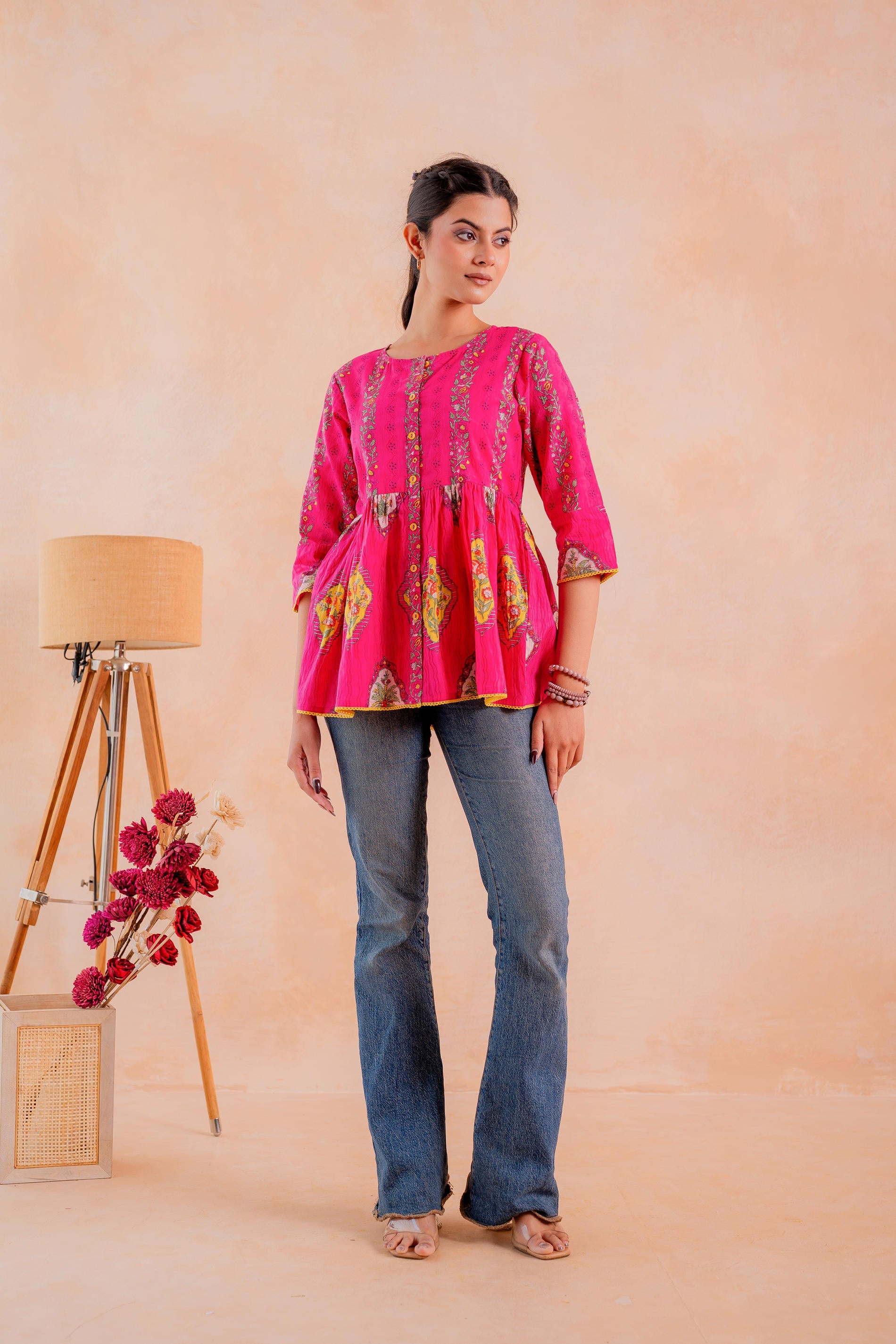 Juniper Fuchsia Printed Flared Ethnic Tunic with Button Placket - Distacart