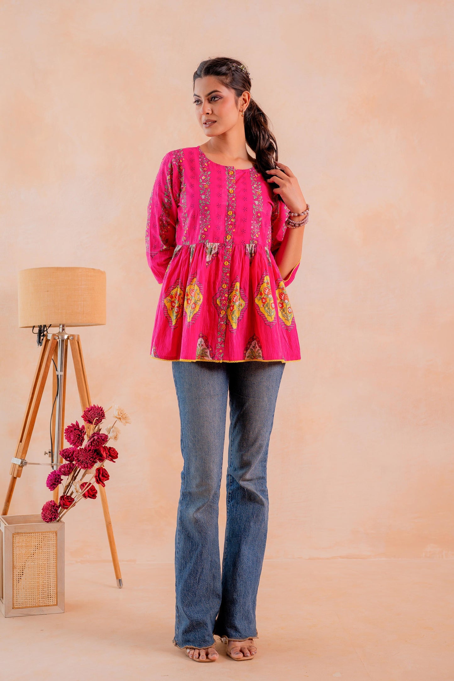 Juniper Fuchsia Printed Flared Ethnic Tunic with Button Placket - Distacart