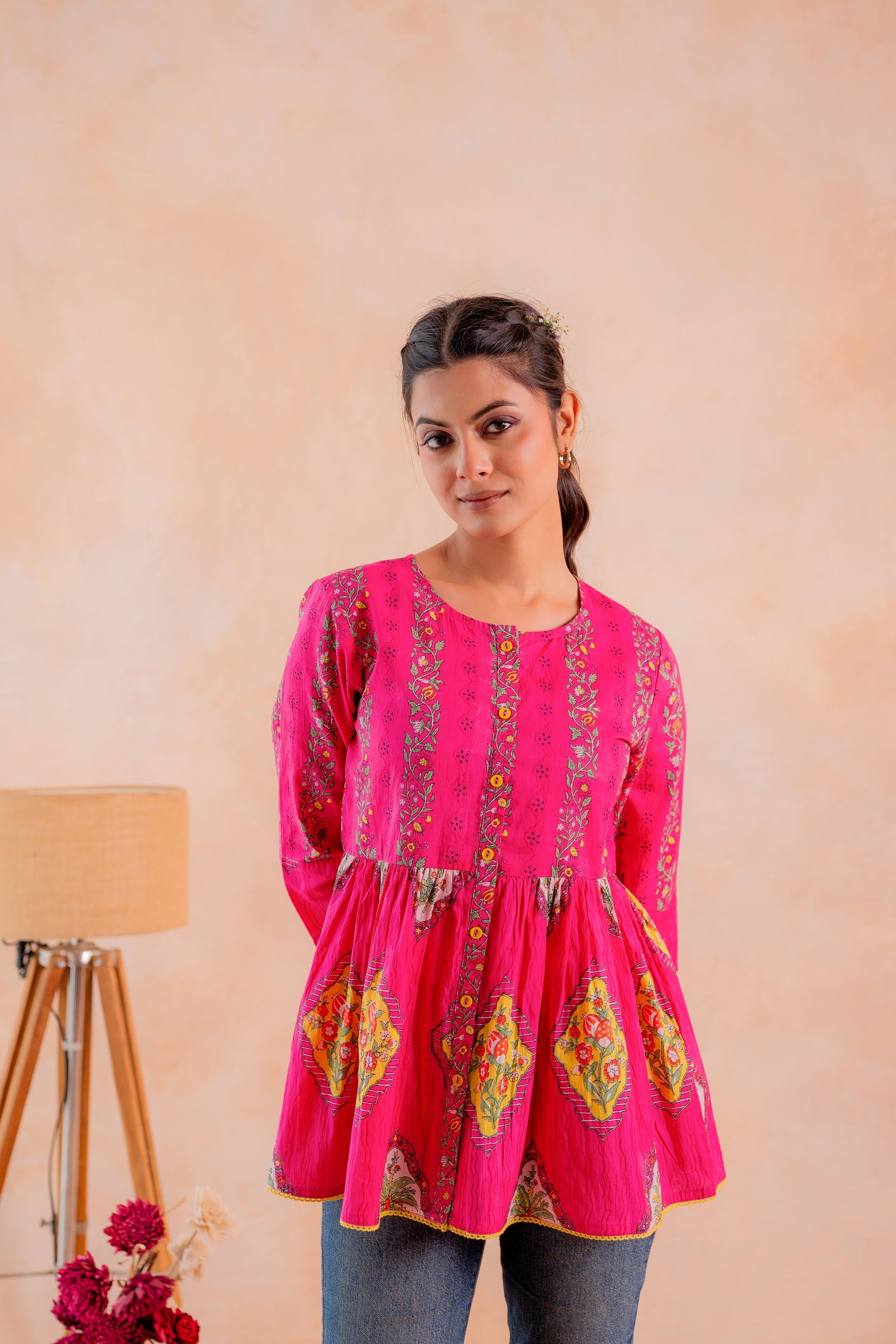 Juniper Fuchsia Printed Flared Ethnic Tunic with Button Placket - Distacart