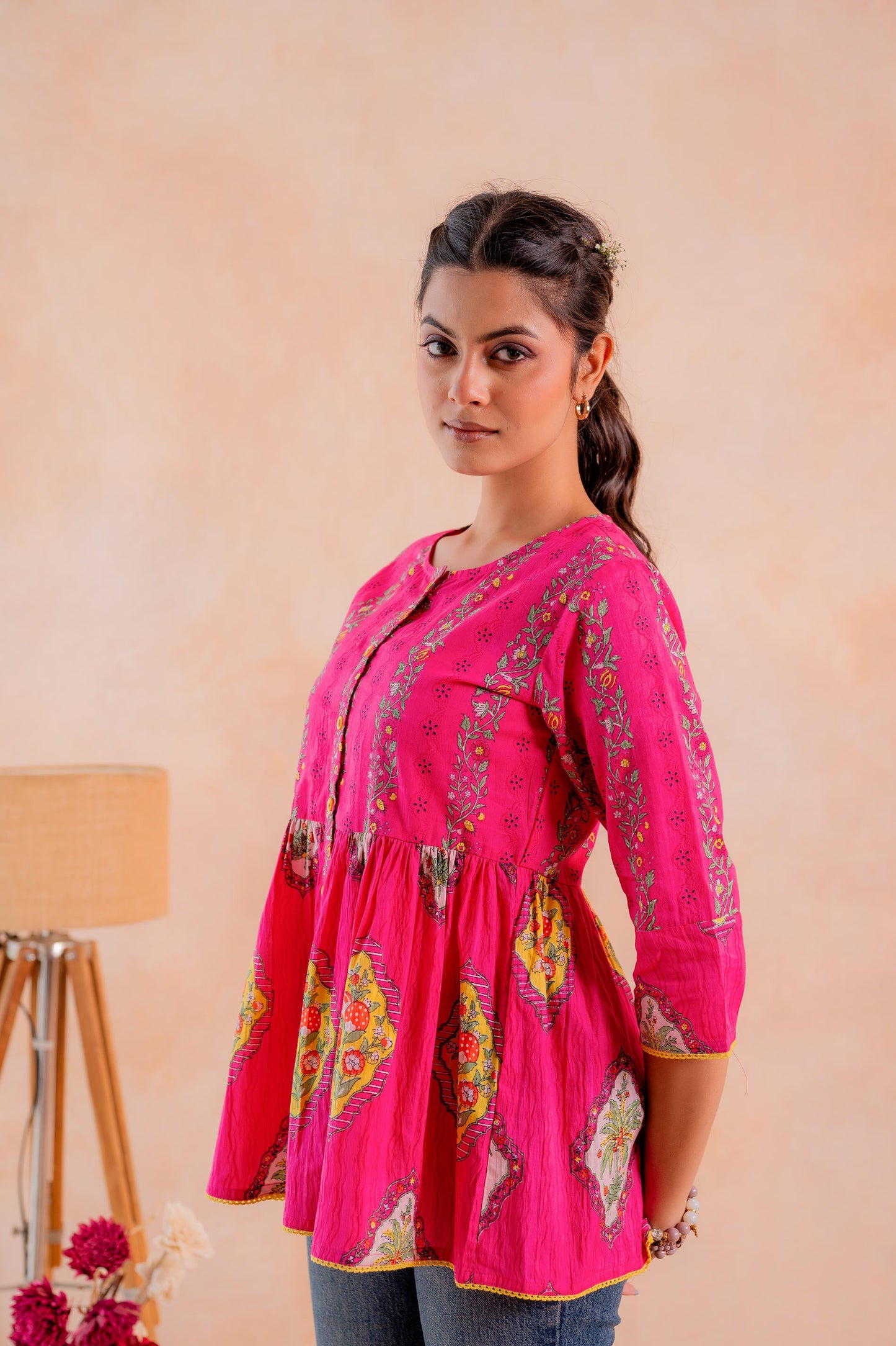 Juniper Fuchsia Printed Flared Ethnic Tunic with Button Placket - Distacart