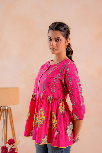 Juniper Fuchsia Printed Flared Ethnic Tunic with Button Placket - Distacart