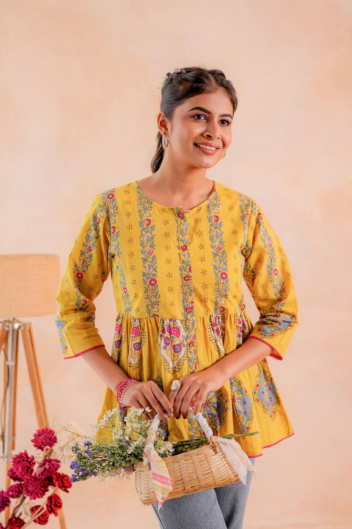 Juniper Mustard Printed Flared Ethnic Tunic with Button Placket - Distacart