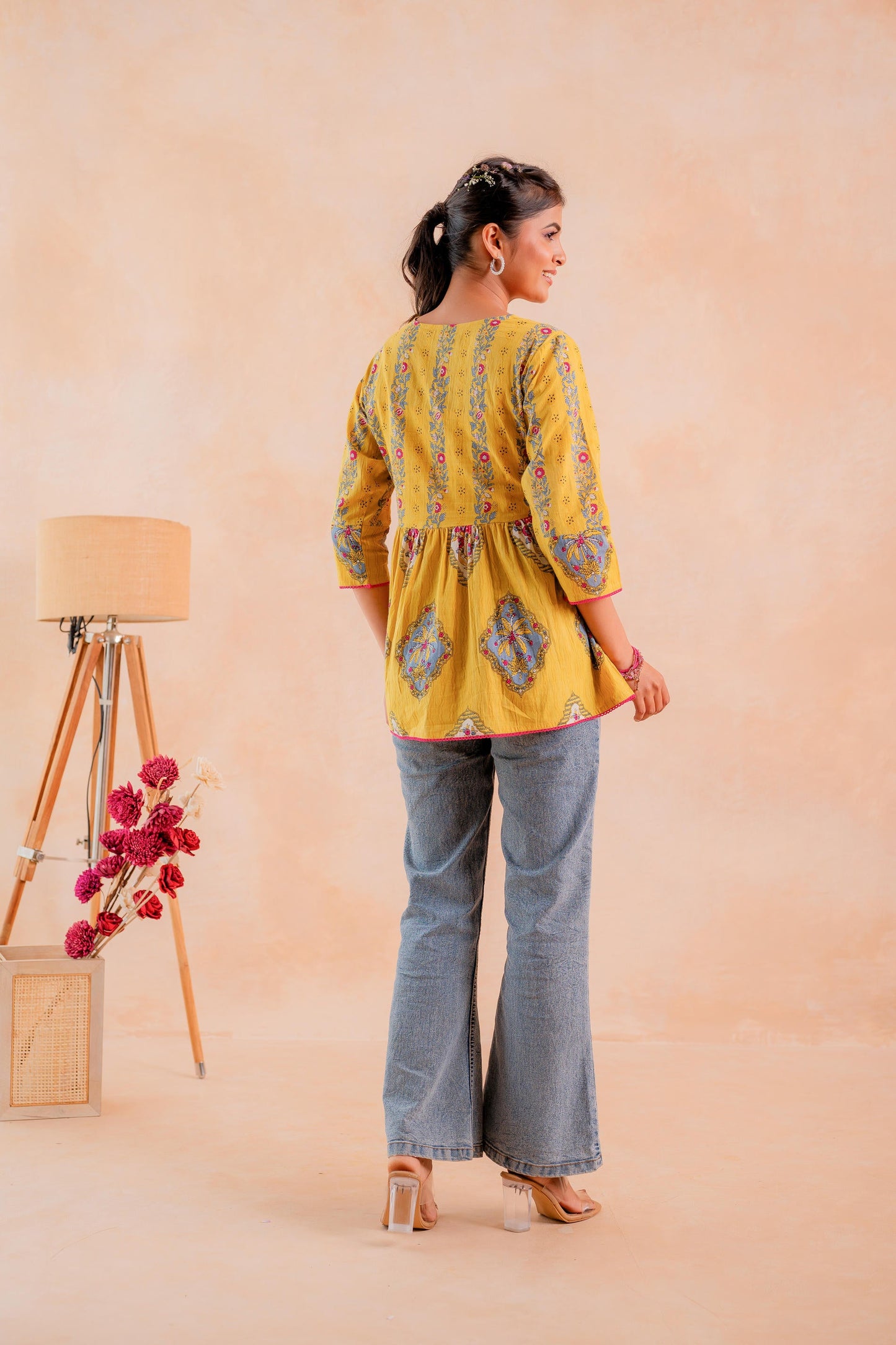 Juniper Mustard Printed Flared Ethnic Tunic with Button Placket - Distacart