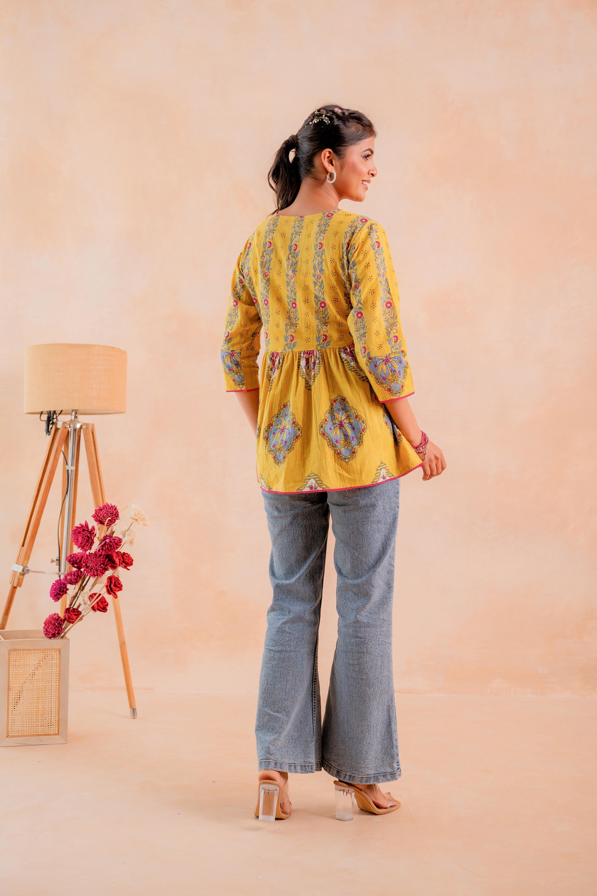 Juniper Mustard Printed Flared Ethnic Tunic with Button Placket - Distacart