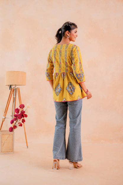 Juniper Mustard Printed Flared Ethnic Tunic with Button Placket - Distacart