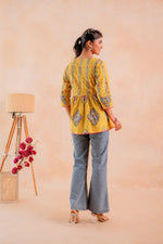 Thumbnail for Juniper Mustard Printed Flared Ethnic Tunic with Button Placket - Distacart