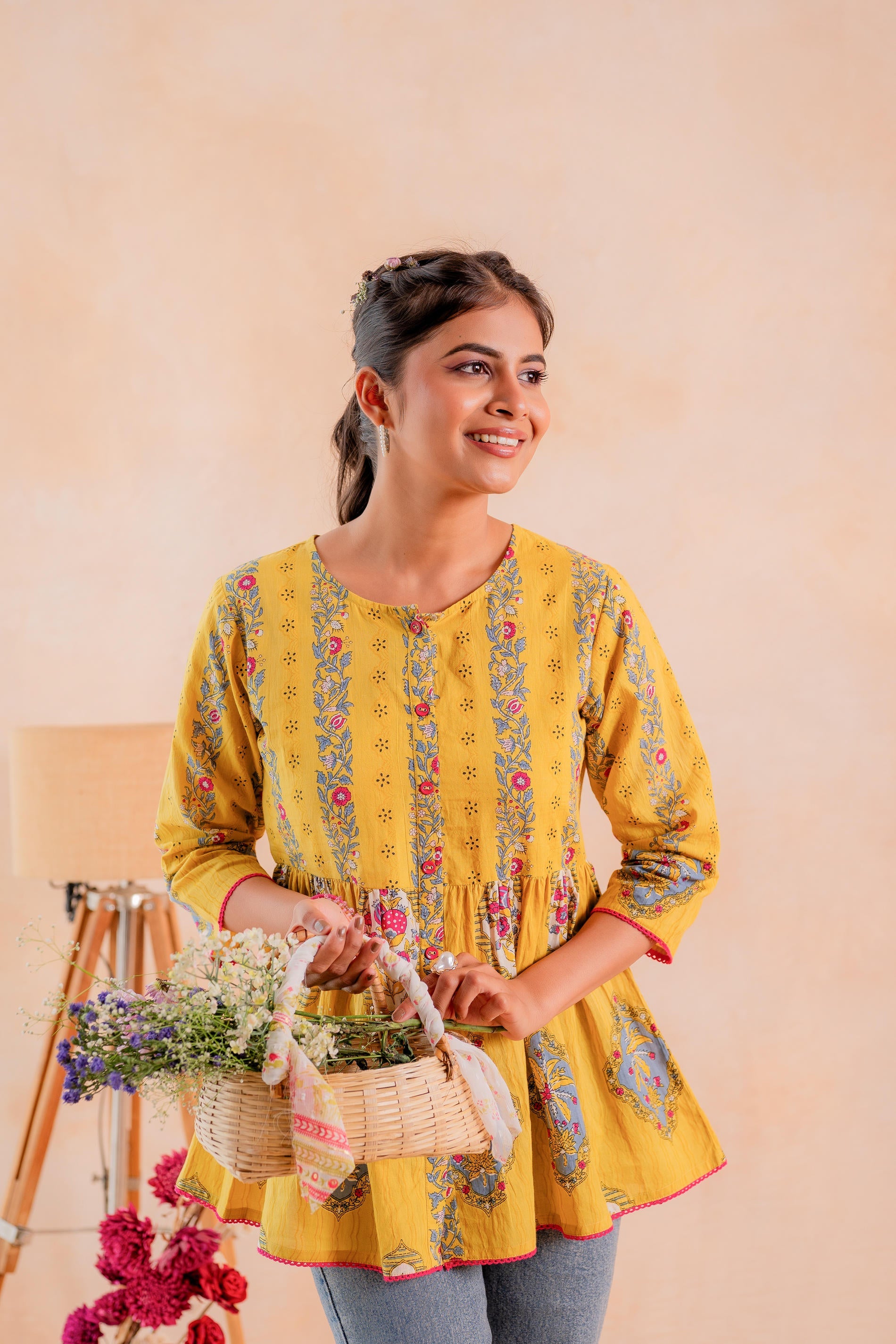 Juniper Mustard Printed Flared Ethnic Tunic with Button Placket - Distacart