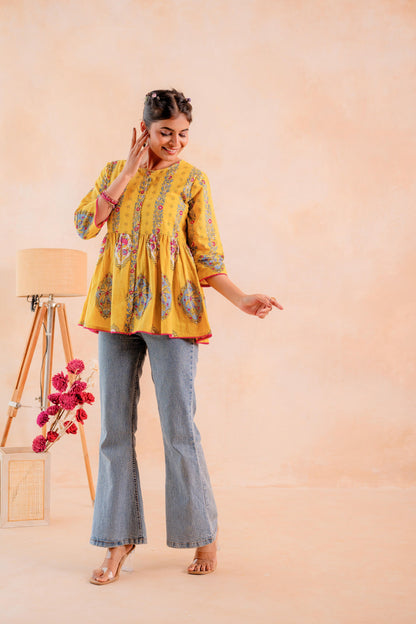 Juniper Mustard Printed Flared Ethnic Tunic with Button Placket - Distacart