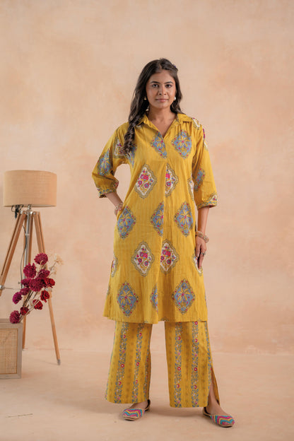 Juniper Mustard Heritage Print Kurta And Pant Set - Distacart