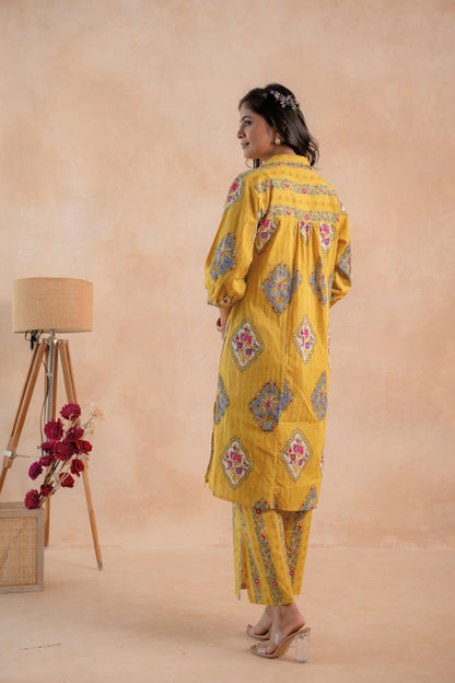Juniper Mustard Heritage Print Kurta And Pant Set - Distacart