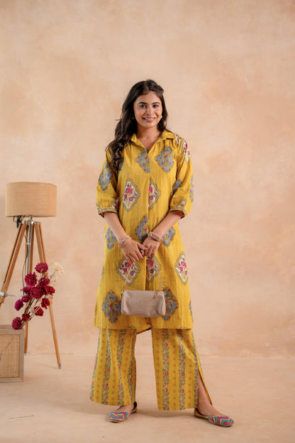 Juniper Mustard Heritage Print Kurta And Pant Set - Distacart
