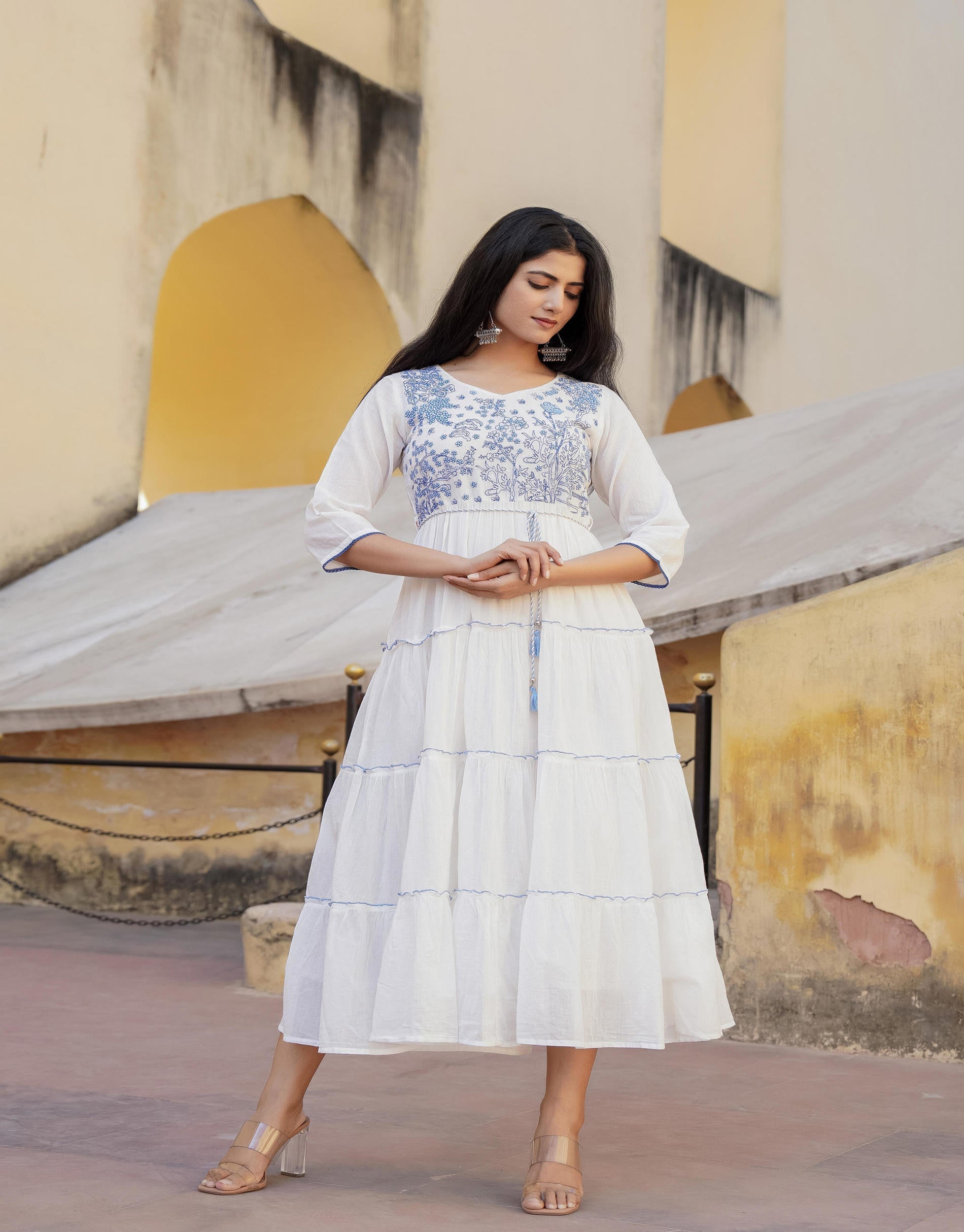 Juniper White Tiered Ethnic Maxi Dress with Powder Blue Floral Embroidery
