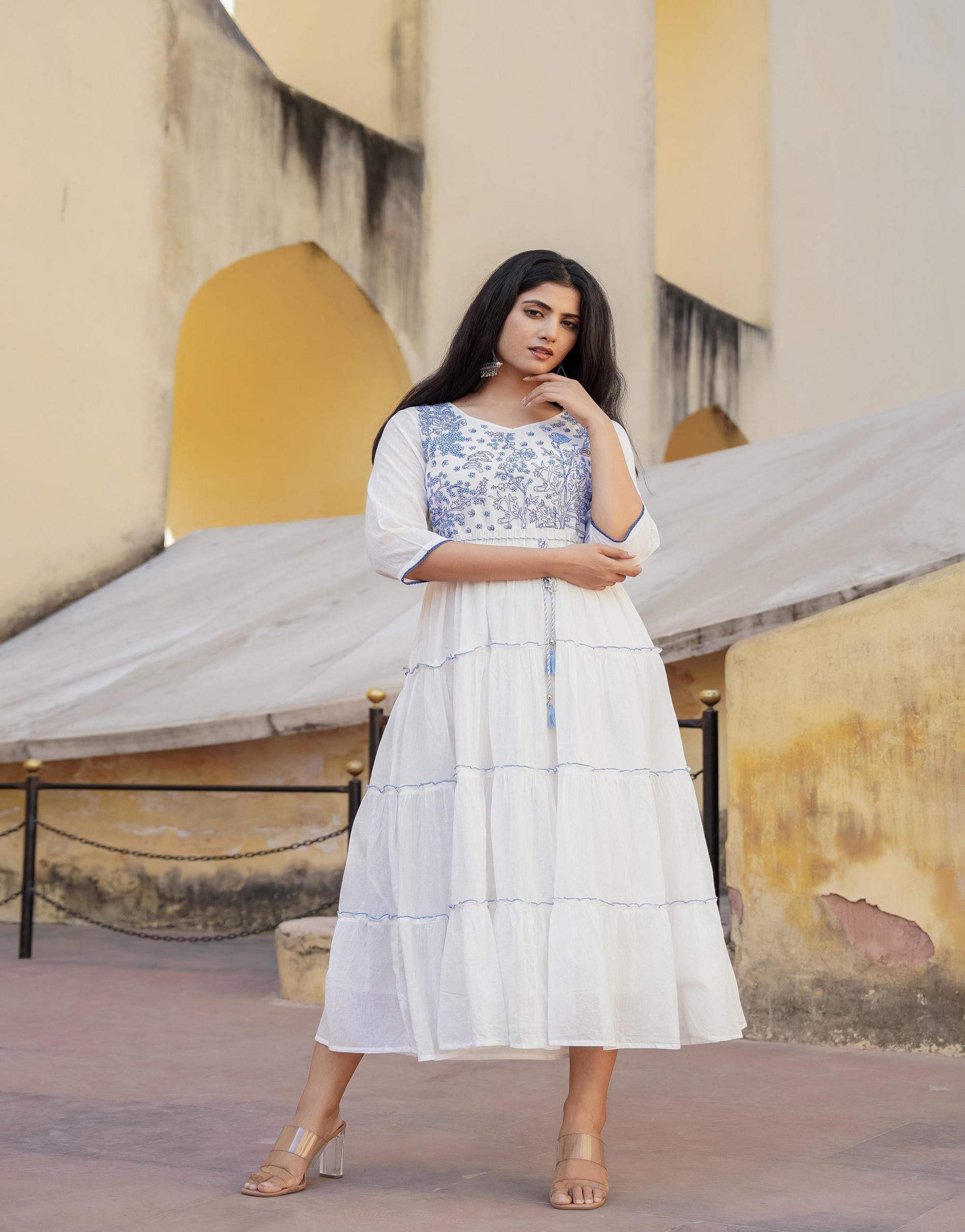 Juniper White Tiered Ethnic Maxi Dress with Powder Blue Floral Embroidery