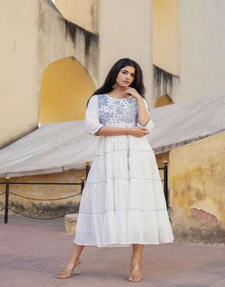 Juniper White Tiered Ethnic Maxi Dress With Powder Blue Floral Embroidery