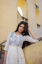 Thumbnail for Juniper White Tiered Ethnic Maxi Dress with Powder Blue Floral Embroidery