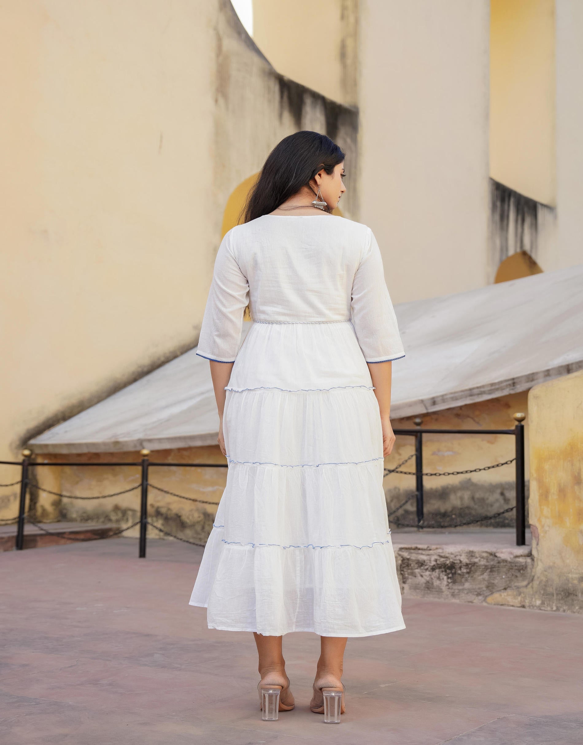 Juniper White Tiered Ethnic Maxi Dress with Powder Blue Floral Embroidery