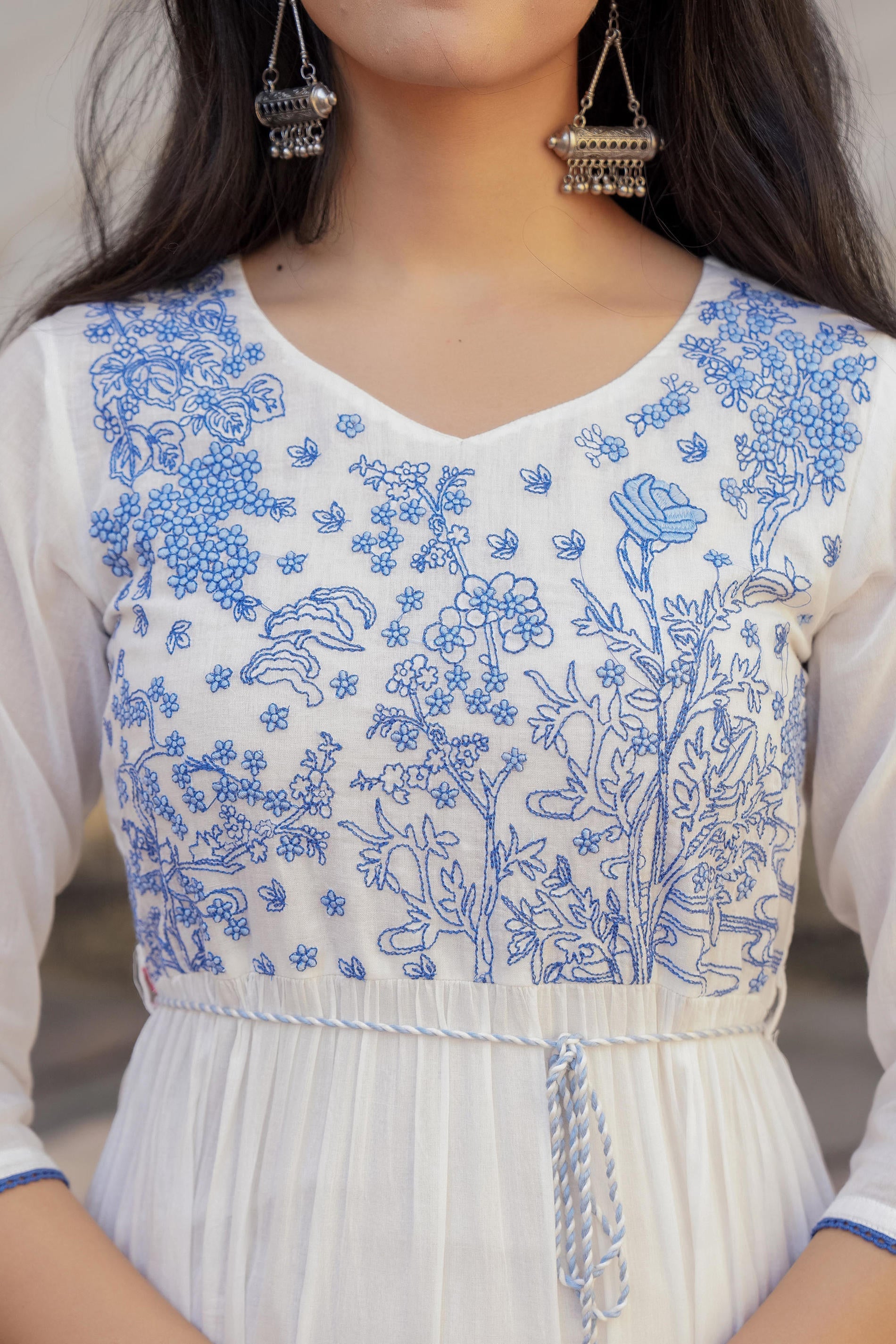 Juniper White Tiered Ethnic Maxi Dress with Powder Blue Floral Embroidery