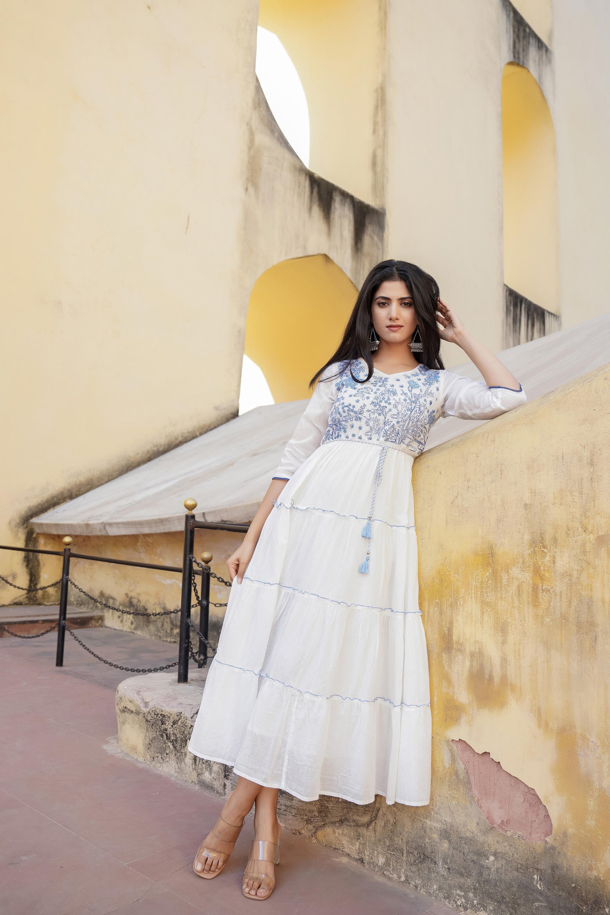 Juniper White Tiered Ethnic Maxi Dress with Powder Blue Floral Embroidery