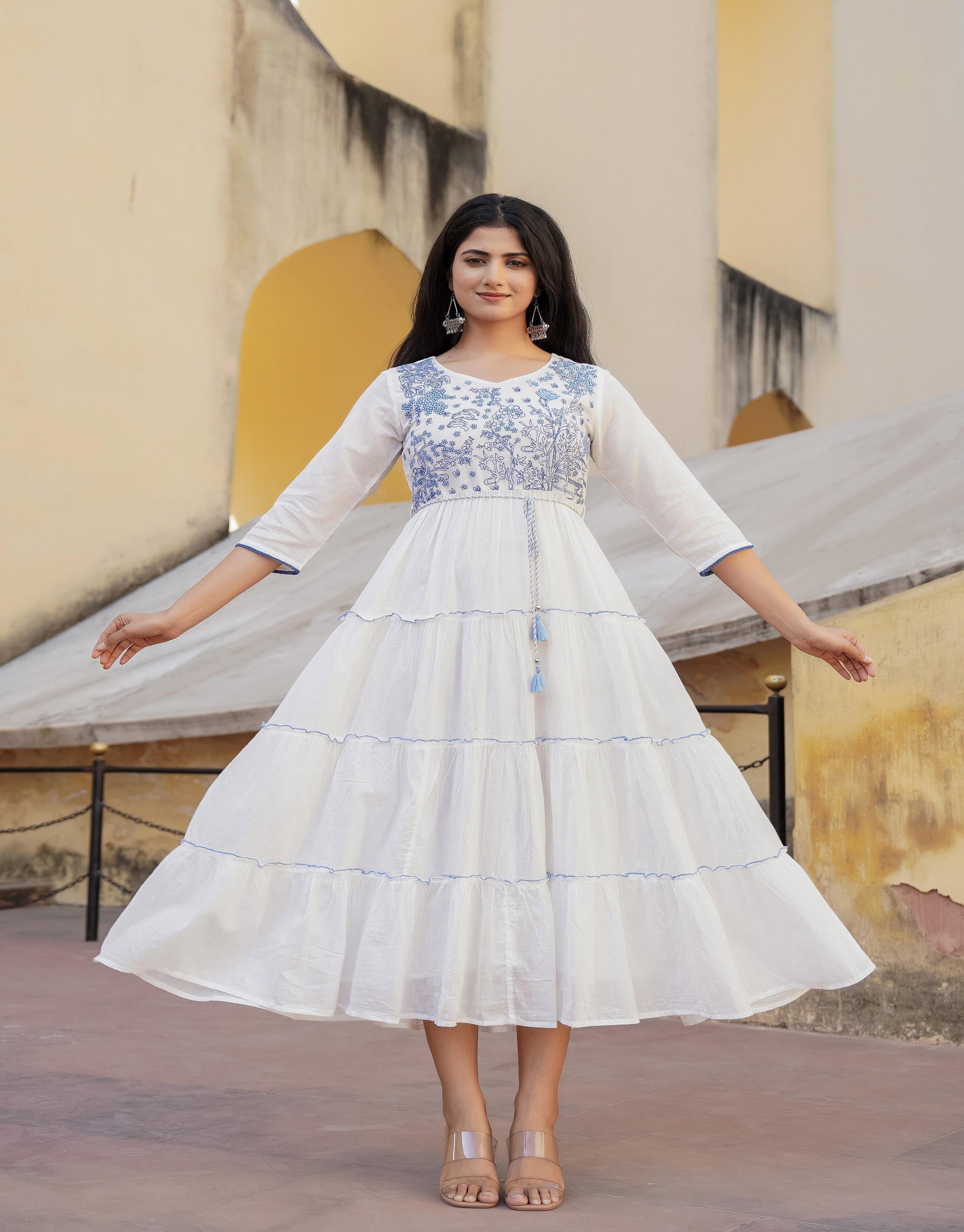 Juniper White Tiered Ethnic Maxi Dress with Powder Blue Floral Embroidery