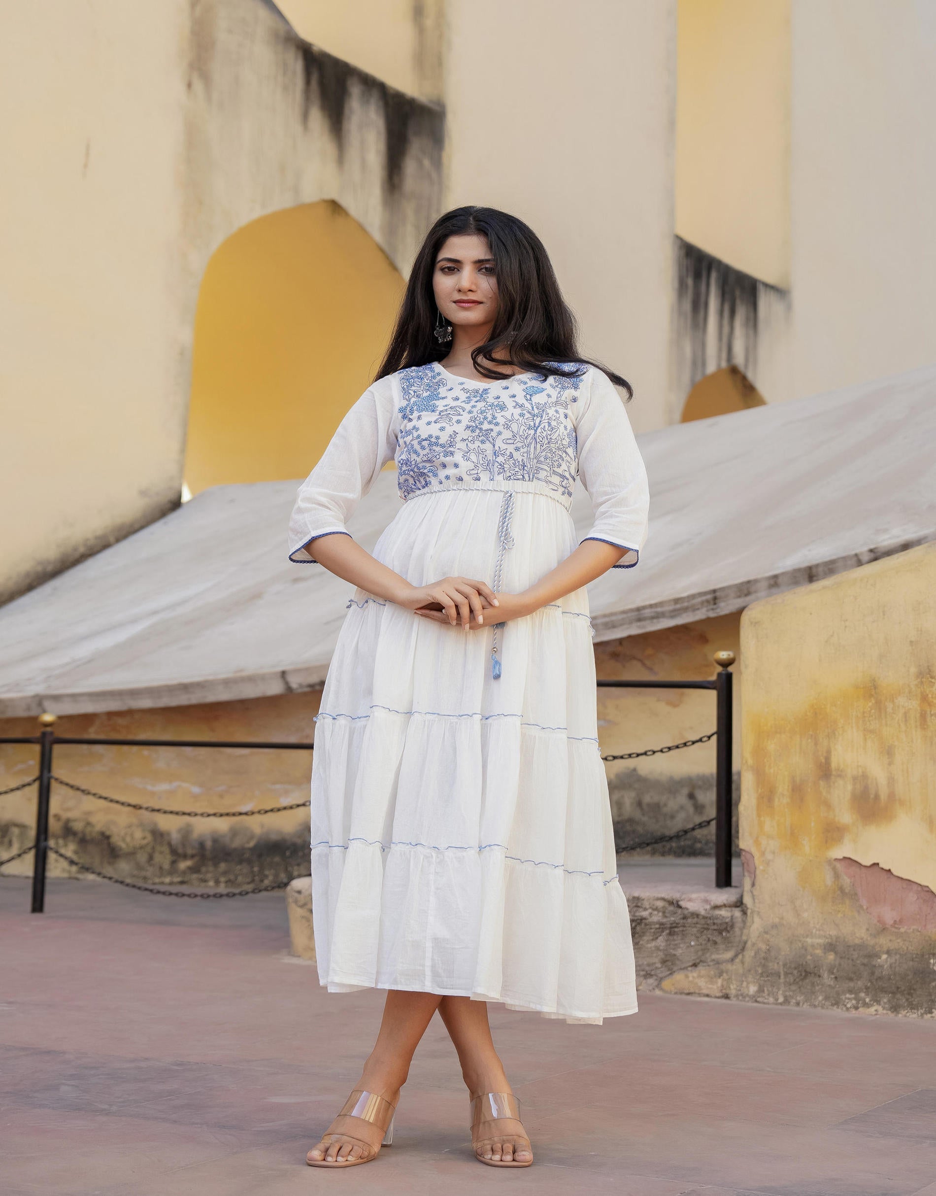 Juniper White Tiered Ethnic Maxi Dress with Powder Blue Floral Embroidery